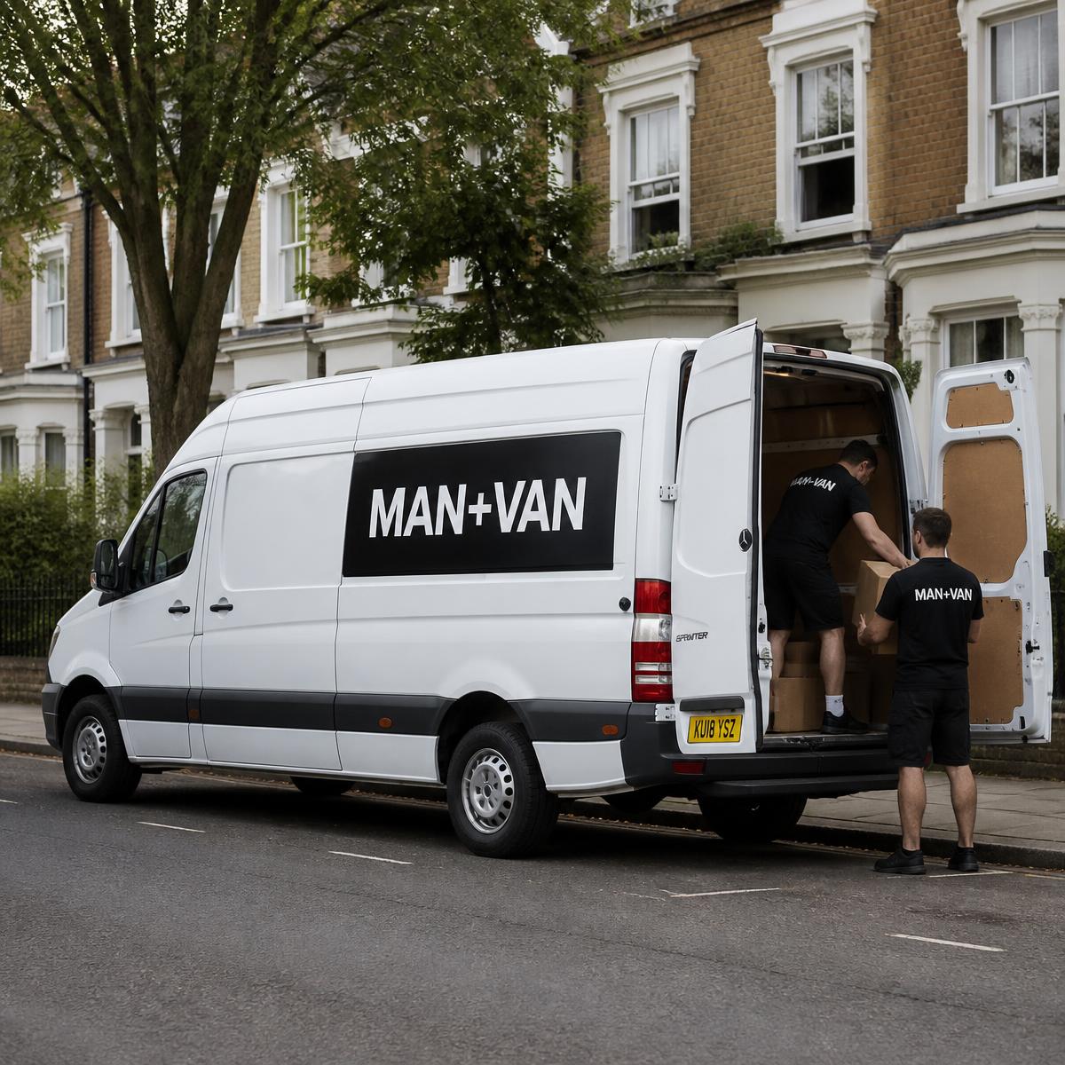 A clean white MAN+VAN transit van parked on a modern city street